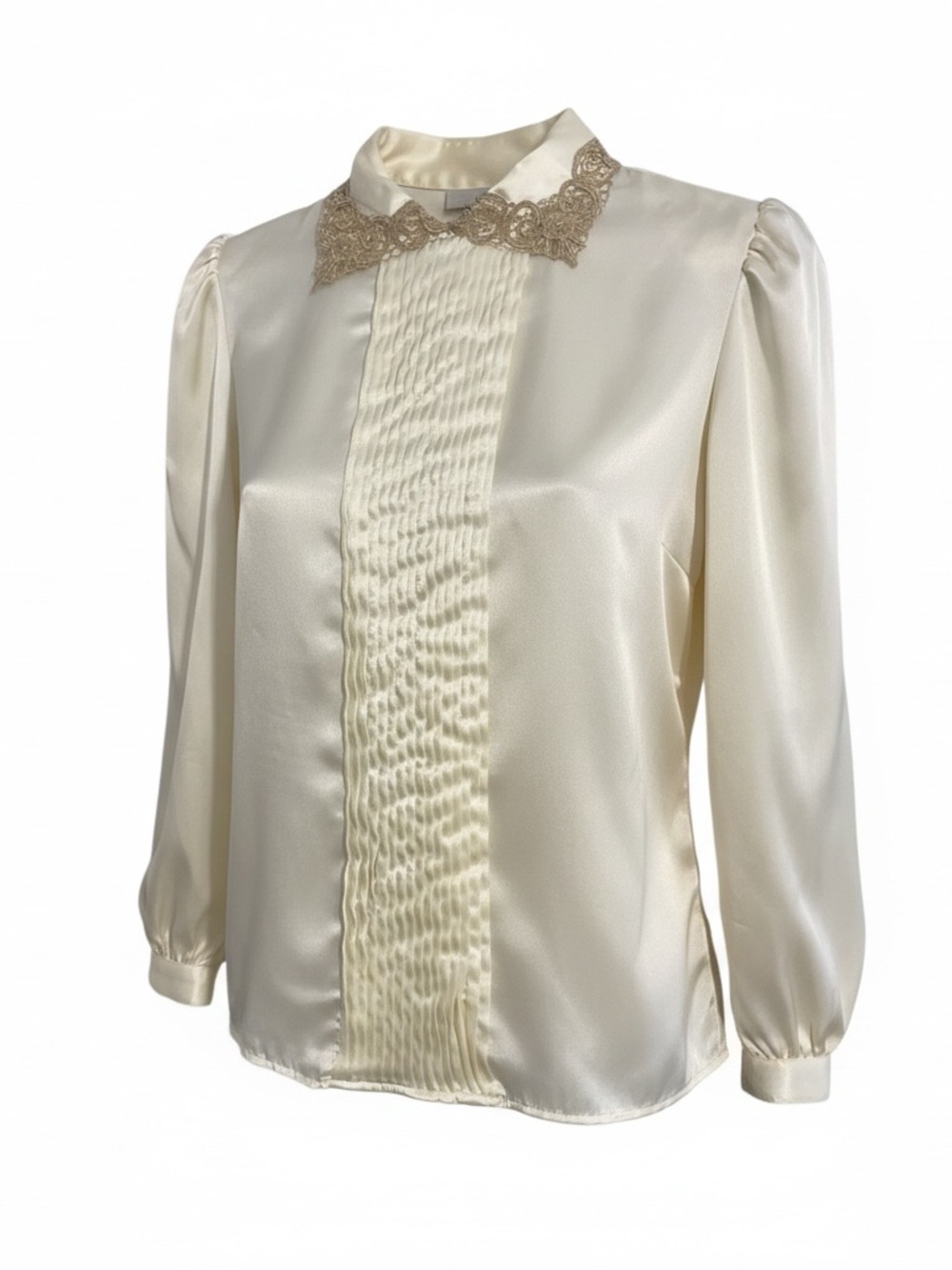 Nilani Satin Blouse Sz 14 Gold Lace Collar Gold Buttons Vintage 1980s Victorian